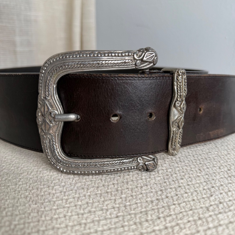 Vintage Linea Pelle Western Leather Belt Brown Ornate Buckle Womens Size 27"-31"